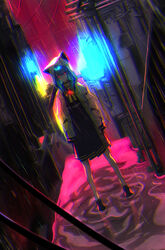  alley belt blue_hair choker chromatic_aberration commentary_request dutch_angle expressionless female full_body hands_in_pockets highres hololive hood hood_up hoshimachi_suisei hoshimachi_suisei_(school_uniform) jacket long_hair official_alternate_costume official_alternate_hair_length official_alternate_hairstyle pleated_skirt puddle rain red_eyes saco_(cgmore) sailor_collar skirt solo virtual_youtuber white_jacket 