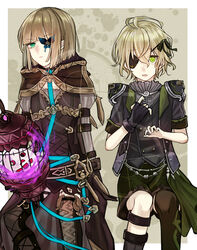  2boys :o antenna_hair asymmetrical_legwear black_gloves black_jacket blue_butterfly boots brown_footwear brown_hair brown_hood brown_legwear bug butterfly cage closed_mouth covering_one_eye eyepatch gloves green_eyes green_hair gretel_(sinoalice) hair_between_eyes hansel_(sinoalice) highres jacket long_sleeves looking_at_viewer multiple_boys open_mouth pinocchio_(sinoalice) short_hair short_sleeves single_glove single_thighhigh sinoalice thigh_boots thighhighs towada-san_(thank39) uneven_legwear 