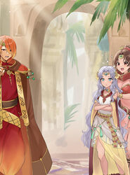  1boy 2girls :d bare_shoulders belt blue_eyes brown_eyes brown_hair cape commentary_request crossed_arms dress earrings fire_emblem fire_emblem:_mystery_of_the_emblem fire_emblem:_thracia_776 fire_emblem_echoes:_shadows_of_valentia fire_emblem_heroes hair_ornament haru_(nakajou-28) jewelry leotard linde_(fire_emblem) linde_(khadein)_(fire_emblem) long_hair luthier_(fire_emblem) multiple_girls open_mouth orange_hair pink_leotard ponytail purple_hair sara_(fire_emblem) sara_(khadein)_(fire_emblem) see-through sleeveless sleeveless_dress smile sparkle star_(symbol) very_long_hair white_dress 