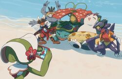  ^_^ alternate_costume beach bonnet boots cellphone cinderace cinderace_(captain) closed_eyes clothed_pokemon commentary double_v flower flower_necklace garchomp garchomp_(beach) gardevoir gardevoir_(fashionable) hat hawaiian_shirt highres innertube lei machamp machamp_(beach) meme phone pirate_hat pokemon pokemon_(creature) pokemon_unite pose selfie selfie_prank_(meme) sharp_teeth shirt smile snorkel snorlax snorlax_(beach) sunglasses swim_ring teeth v venusaur venusaur_(beach) you&#039;re_doing_it_wrong yukifuri_tsuyu 