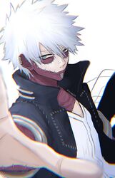  1boy black_jacket blue_eyes boku_no_hero_academia burn_scar commentary_request dabi_(boku_no_hero_academia) foreshortening grey_eyes grey_hair hand_up highres jacket looking_at_viewer male_focus open_clothes open_jacket piercing scar short_hair simple_background solo spiked_hair spoilers sumi_(sumi354) todoroki_touya twitter_username upper_body white_background white_hair 