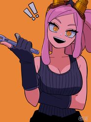  ! !! :d bare_shoulders black_gloves black_shirt boku_no_hero_academia breasts cleavage collarbone commentary crosshair_pupils female gloves goggles goggles_on_head hatsume_mei highres holding holding_wrench large_breasts orange_background partially_fingerless_gloves pink_hair ribbed_shirt sanekome shirt smile solo symbol-shaped_pupils tank_top wrench yellow_eyes 