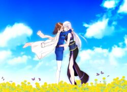  2girls blue_sky brown_hair bug butterfly cloud cloudy_sky commentary_request couple day flower forehead-to-forehead grass happy heads_together highres hug legs leoheart long_hair lyrical_nanoha mahou_shoujo_lyrical_nanoha mahou_shoujo_lyrical_nanoha_a&#039;s mahou_shoujo_lyrical_nanoha_strikers military military_uniform multiple_girls outdoors pantyhose reinforce skirt sky smile sunflower thighs uniform white_hair yagami_hayate yuri 