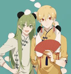  1boy 1other alternate_costume androgynous aqua_background baozi blonde_hair changpao chinese_clothes e_(h798602056) earrings enkidu_(fate) fate/grand_order fate/strange_fake fate_(series) food gilgamesh_(fate) green_eyes green_hair highres jewelry long_hair long_sleeves looking_at_viewer male_focus short_hair simple_background very_long_hair 