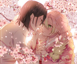  1boy absurdres animal black_hair blonde_hair chitose_(chi_candy) closed_mouth couple eye_contact female flower gradient_hair green_eyes hair_between_eyes hands_up highres holding_hands iguro_obanai japanese_clothes kaburamaru kanroji_mitsuri kimetsu_no_yaiba kimono long_sleeves looking_at_another mole mole_under_eye multicolored_hair pink_hair pink_kimono pink_nails profile shirt short_hair smile snake straight two-tone_hair upper_body white_background white_shirt white_snake yellow_eyes 