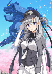  anchor_symbol black_headband black_sailor_collar blue_sky bodysuit breasts cannon cape cherry_blossoms clothes_writing commentary_request day female glowing godzilla:_tokyo_s.o.s. godzilla_(series) godzilla_against_mechagodzilla_(2002) grey_cape grey_hair grey_jacket hachimaki hair_ornament hat headband highres jacket kantai_collection long_hair looking_at_viewer mecha medium_breasts necktie one_side_up outdoors robot sailor_collar salute skirt sky suzutsuki_(kancolle) tree turret twitter_username type-3_kiryuu white_bodysuit white_headband white_necktie white_skirt yuuki_koutarou 