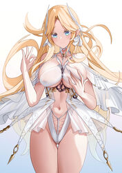  absurdres arm_up azur_lane bare_shoulders blonde_hair blue_eyes breasts brest_(azur_lane) closed_mouth collarbone covered_nipples dress feet_out_of_frame female hair_ribbon hand_on_breasts highres large_breasts light_blush long_hair looking_at_viewer navel ok_sign pointy_ears ribbon see-through see-through_skirt shitsurakuen_(paradise_lost) showgirl_skirt skirt smile solo standing stomach white_background white_dress 