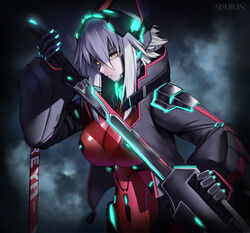  aisurin1st android black_gloves black_jacket bodysuit breasts character_name cyberpunk female gloves grey_hair holding holding_sword holding_weapon jacket katana large_breasts looking_at_viewer medium_hair red_bodysuit slit_pupils solo sword virtual_youtuber vshojo weapon yellow_eyes zentreya zentreya_(cyborg) zentreya_(cyborg)_(1st_costume) 