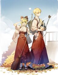  1boy ahoge alternate_costume blonde_hair e_(h798602056) earrings fate/grand_order fate_(series) feline female full_body gilgamesh_(fate) green_eyes hakama hakama_pants highres japanese_clothes jewelry leaf long_hair looking_at_viewer nero_claudius_(fate) nero_claudius_(fate/extra) pants red_eyes short_hair sky 