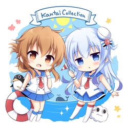  2girls 2others alternate_costume blue_eyes blue_skirt blush brown_eyes brown_hair copyright_name failure_penguin flag folded_ponytail grey_hair hair_between_eyes hat hibiki_(kancolle) holding holding_flag inazuma_(kancolle) kantai_collection kashiwadokoro kneehighs long_hair miss_cloud multiple_girls multiple_others necktie open_mouth pleated_skirt red_necktie skirt sleeveless smile socks thighhighs verniy_(kancolle) white_headwear white_legwear wrist_cuffs 