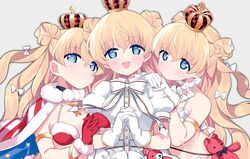  3girls armlet bikini blonde_hair blue_eyes blush bow bowtie cape choker crown double_bun eiyuu_senki eiyuu_senki_ww fur-trimmed_bikini fur-trimmed_cape fur-trimmed_gloves fur_trim gloves hair_bun hairbow heart heart-shaped_pupils interlocked_fingers jewelry kashii_kaoru king_arthur_(eiyuu_senki) long_hair looking_at_viewer multiple_girls multiple_persona necklace open_mouth own_hands_together pom_pom_(clothes) puffy_short_sleeves puffy_sleeves red_gloves short_sleeves smile stuffed_animal stuffed_toy swimsuit symbol-shaped_pupils teddy_bear white_bow white_gloves 