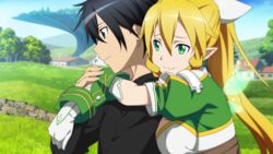  1boy black_eyes black_hair blonde_hair elf female game_cg green_eyes highres hug hug_from_behind kirito leafa leafa_(sao:im) long_hair non-web_source official_art outdoors pointy_ears sword_art_online sword_art_online:_hollow_fragment 