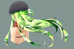  bikini black_bikini black_hat cabbie_hat cropped_torso facing_away female floating_hair from_behind green_hair grey_background hair_focus hat long_hair muu_(mumumer) original ponytail red_scarf scarf simple_background solo swimsuit upper_body very_long_hair yunomiya_agari 