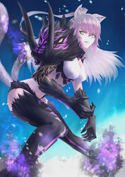  absurdres animal_ear_fluff animal_ears atalanta_(fate) atalanta_alter_(fate) black_panties black_thighhighs blue_background breasts cat_ears cat_tail clenched_teeth crop_top fate/grand_order fate_(series) female floating_hair fur-trimmed_legwear fur-trimmed_panties fur_trim green_eyes grey_hair highres long_hair medium_breasts multicolored_hair multiple_tails panties pink_hair slit_pupils solo t800 tail teeth thighhighs two-tone_hair underwear v-shaped_eyebrows very_long_hair 