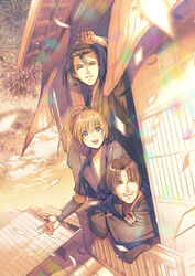  3boys :d aerial_fireworks architecture arm_guards arm_rest black_hair blunt_ends confetti crossed_arms curtains dutch_angle east_asian_architecture facial_hair fireworks floating_hair from_outside from_side hair_between_eyes hair_pulled_back hand_up happy high_ponytail highres himura_kenshin iizuka_(rurouni_kenshin) japanese_clothes katsura_kogorou kimono long_hair long_sleeves looking_afar looking_away looking_to_the_side male_focus motion_blur moustache multiple_boys natsu_mikan_(level9) open_mouth orange_hair outstretched_arm parted_lips ponytail purple_eyes rooftop rurouni_kenshin shading_eyes short_sleeves smile smirk through_window wind window 