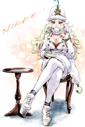  ankle_boots bell blonde_hair boots breasts cleavage crossed_legs cup dress drinking english_text female full_body fur-trimmed_dress fur-trimmed_headwear fur_collar fur_hat fur_trim goddess_of_victory:_nikke gold_trim hat highres holding holding_cup holding_plate jacket large_breasts long_hair ludmilla_(nikke) military_jacket oota_alisa plate red_eyes round_table signature sitting solo table thighhighs wavy_hair white_footwear white_jacket white_thighhighs wooden_table 