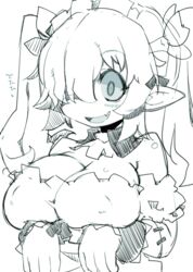  :d absurdres bare_shoulders breasts cleavage commentary_request detached_collar disgaea female greyscale hair_over_one_eye highres large_breasts long_sleeves maid maid_(disgaea) makai_senki_disgaea_5 monochrome oerba_yun_fang open_mouth pointy_ears smile solo twintails upper_body wide-eyed zankuro 