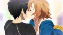  1boy black_hair breasts brown_eyes cleavage closed_eyes female game_cg highres kirito kissing kissing_cheek medium_breasts non-web_source official_art philia_(sao) skirt smile straight sword_art_online sword_art_online:_hollow_fragment yellow_skirt 