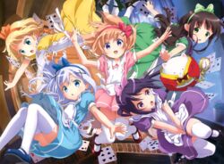  5girls :d alice_in_wonderland apron apron_hold arms_up black_footwear blonde_hair blue_eyes blue_footwear blue_hair blue_ribbon bow bowtie brown_hair card clothes_lift covering_crotch covering_privates flower_pot formal gochuumon_wa_usagi_desu_ka? green_eyes green_footwear green_ribbons hair_ribbon highres hoto_cocoa kafuu_chino kirima_syaro long_hair mary_janes medium_hair multiple_girls okuda_yousuke open_mouth orange_hair orange_ribbon playing_card pocket_watch purple_eyes purple_footwear purple_hair purple_ribbon rabbit red_footwear red_ribbon red_suit ribbon shirt shoes short_hair skirt skirt_lift smile suit tedeza_rize thighhighs thighs tippy_(gochiusa) ujimatsu_chiya waitress watch white_legwear yellow_shirt 