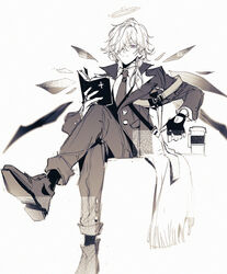  1boy arknights book chinese_commentary closed_mouth coat commentary_request crossed_legs cup detached_wings disposable_coffee_cup disposable_cup energy_wings enforcer_(arknights) fingerless_gloves gloves hair_over_one_eye halo highres holding holding_book long_hair long_sleeves male_focus monochrome necktie open_book open_clothes open_coat pants pienahenggou purple_eyes reading shoes simple_background sitting smile solo spot_color white_background wings 