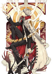  1boy black_footwear black_jacket black_pants card commentary cosplay from_side full_body gakuran grey_eyes grey_hair hand_up highres holding invisible_chair izanagi_no_okami izanagi_no_okami_(cosplay) jacket jacket_on_shoulders katana long_sleeves looking_at_viewer male_focus narukami_yuu pants persona persona_4 photoshop_(medium) saeuchobab school_uniform shirt sitting solo sword weapon white_jacket white_shirt 