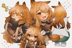  :3 ;d alternate_costume animal_ears arknights beamed_eighth_notes blush blush_stickers brown_coat brown_eyes ceobe_(arknights) cheek_squash chibi coat cookie dog_ears dog_girl dog_tail drooling female food from_behind green_shorts hair_between_eyes highres mouth_hold multiple_views musical_note one_eye_closed open_mouth outstretched_arms shirt shorts simple_background smile spoken_musical_note tail takumi_mizuki white_background white_footwear white_shirt 