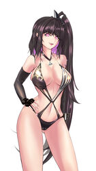  absurdres architect_(girls&#039;_frontline) architect_(nvw_model)_(girls&#039;_frontline) bare_shoulders bikini black_bikini black_gloves black_hair breasts collarbone elbow_gloves feet_out_of_frame female fingerless_gloves girls&#039;_frontline gloves hair_ornament hand_on_own_hip highres kepra_iii long_hair looking_at_viewer medium_breasts navel one_side_up open_mouth purple_eyes sangvis_ferri smirk solo standing swimsuit white_background 