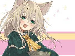  an_fyhx animal_ears arknights basket black_choker bow bowtie brown_hair choker dog_ears female floral_background green_eyes green_jacket hair_between_eyes highres holding holding_basket jacket leaf long_hair open_clothes open_jacket open_mouth pink_background podenco_(arknights) shirt solo striped striped_background teeth upper_teeth_only white_background white_shirt yellow_background yellow_bow yellow_bowtie 