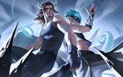  2boys absurdres ale55 animal_ears aqua_hair arknights back-to-back bandages bare_shoulders battle belt black_belt black_gloves black_pants black_tank_top bulge covered_abs cow_boy cow_ears cow_horns ear_piercing ethan_(arknights) expressionless facial_hair fighting_stance fingerless_gloves gloves goatee highres holding holding_weapon horns male_focus matterhorn_(arknights) medium_hair midriff multiple_boys pants pectorals piercing pointy_ears rain spiked_hair stomach tank_top toned toned_male weapon 