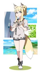  animal_ear_fluff animal_ears beach blonde_hair blue_eyes blunt_bangs camera cityscape extra_ears female fox_ears fox_girl fox_tail full_body glasses hair_bun highres holding kono_iroha kuro_kosyou off-shoulder_shirt off_shoulder original outdoors ribbon-trimmed_sleeves ribbon_trim shirt short_shorts short_sleeves shorts sidelocks single_hair_bun sky smile solo tail walking white_background white_shirt 