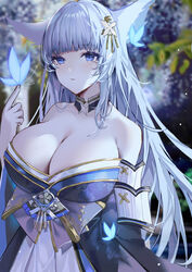  absurdres animal_ears azur_lane bare_shoulders blue_butterfly blue_eyes blunt_bangs blurry blurry_background blush breasts bug butterfly cleavage female fox_ears hair_ornament highres index_finger_raised japanese_clothes large_breasts long_hair looking_at_viewer mole mole_under_eye parted_lips shinano_(azur_lane) white_hair xiongshouji 