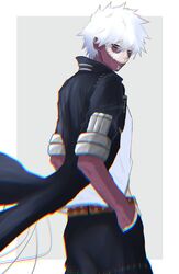  1boy belt black_jacket black_pants boku_no_hero_academia burn_scar dabi_(boku_no_hero_academia) from_side grey_background grey_eyes hand_in_pocket highres jacket looking_at_viewer male_focus messy_hair pants piercing red_belt scar shirt short_hair simple_background smile solo spiked_hair spoilers sumi_(sumi354) todoroki_touya white_background white_hair white_shirt 