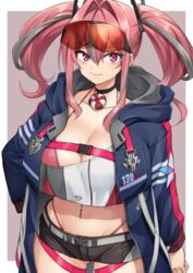  ass_visible_through_thighs azur_lane bad_id bad_pixiv_id belt bikini bikini_under_clothes black_choker black_shorts blue_jacket border breasts bremerton_(azur_lane) buckle choker cleavage commentary cowboy_shot crop_top crop_top_overhang cutoffs ear_piercing eyewear_on_head female grey_background grey_belt grey_hair groin hair_between_eyes hair_intakes hair_ornament hand_on_own_hip highleg highleg_bikini highres hood hood_down hooded_jacket huge_breasts jacket large_breasts lifebuoy_ornament long_hair long_sleeves looking_at_viewer midriff mole mole_on_breast mole_under_eye multicolored_hair navel navel_piercing open_clothes open_jacket piercing pink_bikini pink_eyes pink_hair red-tinted_eyewear rurie_(lourie) shadow shirt short_shorts shorts sidelocks simple_background smile snap-fit_buckle solo standing streaked_hair sunglasses swimsuit thigh_strap tinted_eyewear twintails two-tone_hair two-tone_shirt white_border 