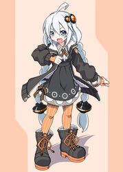  ahoge black_coat black_dress black_footwear blue_eyes bomber_jacket boots braid coat commentary dress female fingerless_gloves full_body fur-trimmed_coat fur_trim gloves grey_hair hair_ornament hair_tubes highres jacket kizuna_akari lace-trimmed_dress lace_trim long_hair looking_at_viewer not_makigai open_mouth orange_gloves orange_pantyhose pantyhose smile solo striped_clothes striped_pantyhose twin_braids v-shaped_eyebrows very_long_hair voiceroid 