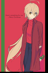  absurdres bad_id bad_pixiv_id blonde_hair box brown_eyes character_name christmas closed_mouth coat copyright_name denim english_text feet_out_of_frame female gift gift_box girls&#039;_frontline highres holding holding_gift jeans long_hair looking_at_viewer open_clothes open_coat pants pkp_(girls&#039;_frontline) red_background red_coat red_shirt sarasa_dry shirt smile solo standing very_long_hair 