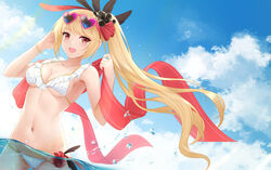  :d bare_shoulders bikini blonde_hair breasts cleavage cloud collarbone commentary day elusha_(joker) eyewear_on_head female forever_7th_capital hair_ribbon heart heart-shaped_eyewear long_hair looking_at_viewer medium_breasts navel open_mouth outdoors red_eyes ribbon rko_(a470350510) shawl side_ponytail sky smile solo stomach string_bikini sunglasses sunlight swimsuit very_long_hair water white_bikini 