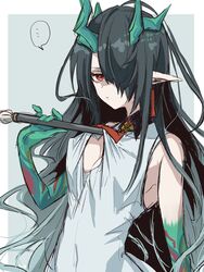  ... an_fyhx arknights black_hair border cleavage_cutout clothing_cutout colored_skin commentary dragon_girl dragon_horns dress dusk_(arknights) earrings female gradient_skin green_skin hair_over_one_eye highres horns jewelry long_hair looking_at_viewer necktie outside_border pointy_ears red_eyes red_necktie sleeveless sleeveless_dress solo spoken_ellipsis symbol-only_commentary tassel tassel_earrings white_border white_dress 