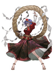  arm_up black_skirt brown_footwear commentary_request cup female full_body hair_ornament highres holding holding_cup kaoru_(alicemakoto) layered_sleeves leaf_hair_ornament long_skirt long_sleeves looking_at_viewer mirror open_mouth purple_hair red_eyes red_shirt rope sakazuki sandals shide shirt short_hair short_over_long_sleeves short_sleeves simple_background skirt smile solo standing touhou white_background yasaka_kanako zouri 