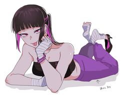  :p alternate_hairstyle arm_support bandages black_hair black_tube_top blunt_bangs bracelet breasts cleavage closed_mouth commentary_request earrings eye_(mememem) feet feet_up female full_body high_heels highres jewelry juri_han long_hair looking_at_viewer lying no_shoes official_alternate_costume on_stomach pants pink_eyes pink_hair pink_pants ponytail sarashi shoe_dangle simple_background smile soles solo strapless street_fighter street_fighter_v the_pose toes tongue tongue_out tsurime tube_top white_background 