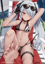  arm_behind_back armpits arms_up bare_arms bare_shoulders barefoot bikini black-framed_eyewear black_bikini black_choker black_gloves blue_archive breasts chair choker chrisandita eyewear_on_head feet female gloves grey_hair hair_over_one_eye hair_ribbon highres iori_(blue_archive) iori_(swimsuit)_(blue_archive) leg_up long_hair looking_at_viewer lounge_chair multi-strapped_bikini_bottom navel official_alternate_costume parted_lips reclining red_eyes ribbon side-tie_bikini_bottom small_breasts solo spread_toes stomach string_bikini sunglasses swimsuit tail thigh_strap thighs toes twintails v-shaped_eyebrows very_long_hair 