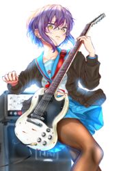  backlighting black_jacket blue_hair blue_sailor_collar blue_skirt brown_cardigan brown_pantyhose cardigan collarbone collared_shirt commentary_request electric_guitar female gibson_sg glasses gradient_hair guitar highres holding holding_instrument holding_plectrum instrument jacket kita_high_school_uniform long_sleeves miniskirt multicolored_hair music nagato_yuki neck_ribbon noir_(nowaru) open_cardigan open_clothes open_jacket over-rim_eyewear pantyhose parted_lips playing_instrument pleated_skirt plectrum purple_hair red_ribbon ribbon sailor_collar sailor_shirt school_uniform semi-rimless_eyewear shirt short_hair skirt solo standing suzumiya_haruhi_no_yuuutsu white_background white_shirt winter_uniform yellow_eyes 