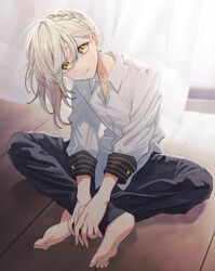  1boy androgynous asymmetrical_hair backlighting barefoot bishounen black_pants blonde_hair blush braid closed_mouth collared_shirt commentary_request curtains earrings eyelashes feet full_body hair_between_eyes hair_over_one_eye head_tilt highres indian_style indoors iori_yuzuru jewelry leaning_forward long_sleeves looking_at_viewer on_ground own_hands_together pants partially_unbuttoned school_uniform shadow shirt sitting soles solo stud_earrings swept_bangs toenails toes voiceroid wooden_floor yellow_eyes yoshino_ns 