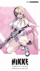  artist_request bare_shoulders benelli_m4 blush bouncing_breasts breasts chains character_name cleavage_cutout clothing_cutout commentary_request copyright_name crop_top dore_(gilles_dore) earrings female fingerless_gloves fishnets gloves goddess_of_victory:_nikke grid_background gun hair_intakes hair_ornament heart high-waist_skirt high_heels highres holding holding_weapon holographic_clothing hoop_earrings horns iridescent jacket jewelry large_breasts light_brown_hair long_hair long_sleeves looking_at_viewer official_art on_one_knee open_clothes open_jacket open_mouth pink_jacket raised_eyebrows red_eyes reflective_clothes second-party_source shotgun skirt solo thighs very_long_hair viper_(nikke) weapon white_gloves white_skirt zipper zipper_pull_tab zoom_layer 