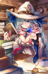  blue_hair book breasts bug butterfly chains cleavage commentary_request desk detached_sleeves dress fairy_godmother_(grimms_echoes) feather_nib_pen female gem grimms_echoes hair_between_eyes hat inkwell jewelry large_breasts long_hair looking_at_viewer magnifying_glass makihitsuji nib_pen_(object) official_art one_eye_closed paper pen red_eyes smile solo white_dress witch_hat 