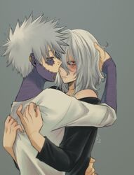  2boys alternate_costume bare_shoulders black_shirt boku_no_hero_academia burn_scar commentary_request dabi_(boku_no_hero_academia) ear_piercing grey_background grey_eyes grey_hair grey_shirt hand_in_another&#039;s_hair highres hug looking_at_another looking_at_viewer male_focus medium_hair multiple_boys off_shoulder piercing red_eyes scar scar_on_face scar_on_mouth shigaraki_tomura shirt short_hair simple_background spiked_hair spoilers todoroki_touya upper_body yaoi yu_shi_(ametoki_ichi) 