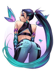  ass bent_over black_hair black_sports_bra blue_lips cropped_legs crystal earrings elbow_gloves english_commentary eyeshadow female from_behind gloves green_eyes green_hair hair_ornament jewelry k/da_(league_of_legends) k/da_all_out_kai&#039;sa kai&#039;sa league_of_legends lipstick long_hair makeup multicolored_hair pants ponytail sleeveless solo sports_bra tight_clothes tight_pants two-tone_hair vashperado very_long_hair 