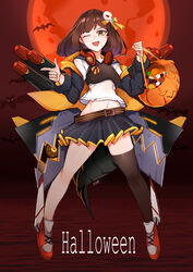  absurdres brown_hair choumi_wuti_(xueye_fanmang_zhong) commentary_request female halloween highres machine nanami_(virtuareal) nijisanji one_eye_closed open_mouth pumpkin solo twitter_username virtual_youtuber virtuareal weapon yellow_eyes 