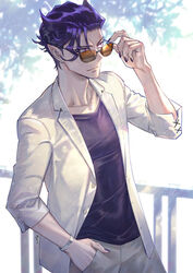  1boy adjusting_eyewear bracelet demon_boy earrings fingernails hand_in_pocket jacket jewelry long_fingernails looking_over_eyewear mairimashita!_iruma-kun male_focus na222222 naberius_kalego pants pointy_ears purple_hair purple_nails purple_shirt railing red_eyes shirt sunglasses tree white_jacket white_pants 