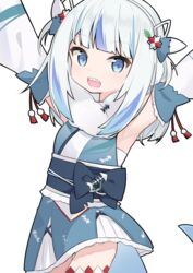  armpits arms_up blue_eyes blue_hair cp2980606 detached_sleeves female fins fish_tail gawr_gura gawr_gura_(new_year) grey_hair highres hololive hololive_english japanese_clothes kimono long_hair looking_at_viewer multicolored_hair shark_girl shark_tail sharp_teeth solo streaked_hair tail teeth thighhighs two-tone_hair two_side_up virtual_youtuber 