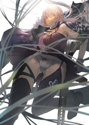  absurdres ar-15 armband assault_rifle bandeau bare_shoulders black_thighhighs blue_eyes boots bow bow_panties closed_mouth clothes_lift commentary english_commentary female garter_straps girls&#039;_frontline gloves gun hair_over_eyes highres holding holding_gun holding_weapon holster jacket light_rays looking_at_viewer neckwear_request panties pantyshot pink_hair ponytail purple_bandeau purple_jacket rifle saigakobaru shade shaded_face shirt sidelocks simple_background skirt skirt_lift sleeveless sleeveless_shirt solo st_ar-15_(girls&#039;_frontline) st_ar-15_(mod3)_(girls&#039;_frontline) thigh_holster thighhighs thighs underwear weapon white_background white_panties 